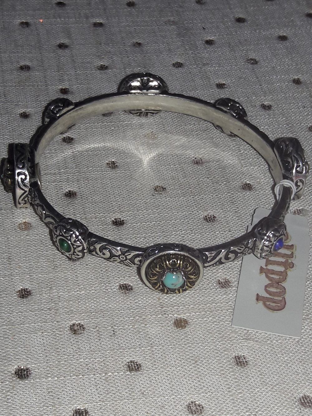 Ollipop Silver-Tone Multi-Stone Filigree Bangle Bracelet Turquoise, Green, Blue